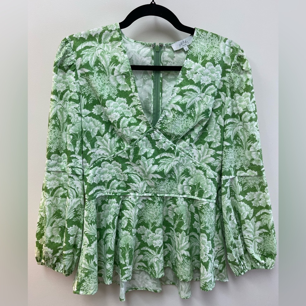 Pearl by Lela Rose Green and White Floral Toile Cotton Blouse